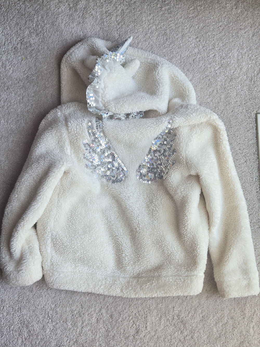 Cat & Jack Cream Plush Hoodie with Silver Sequin Unicorn Details